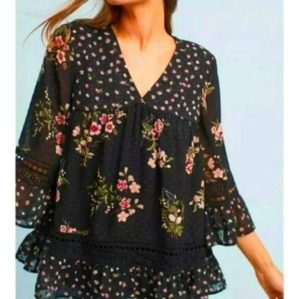 Anthropologie | Maeve Steffy Black Floral Tunic Peasant Blouse | Large